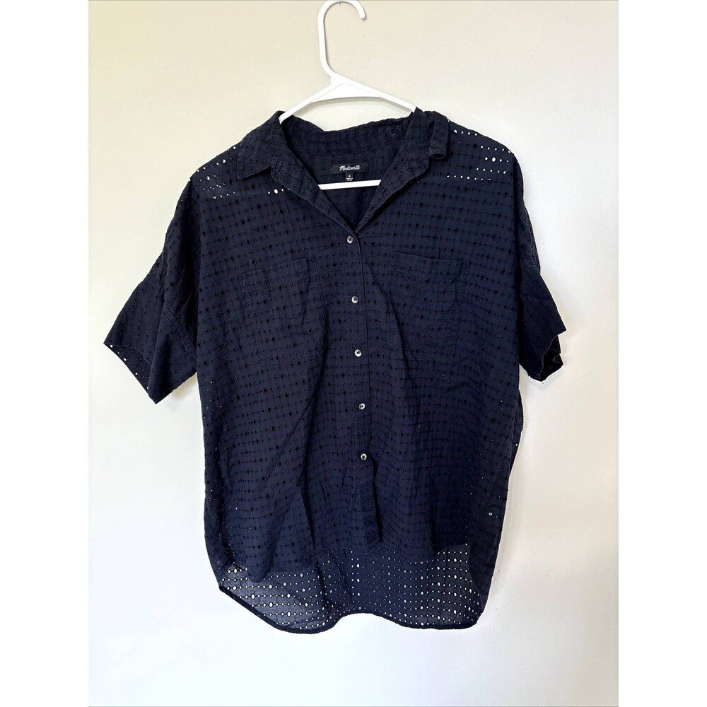 Madewell Blouse Top Eyelet Courier Button Shirt Navy Blue Cotton Oversized